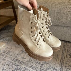 Soda Cream and Brown Lace Up Boots with Rugged Sole